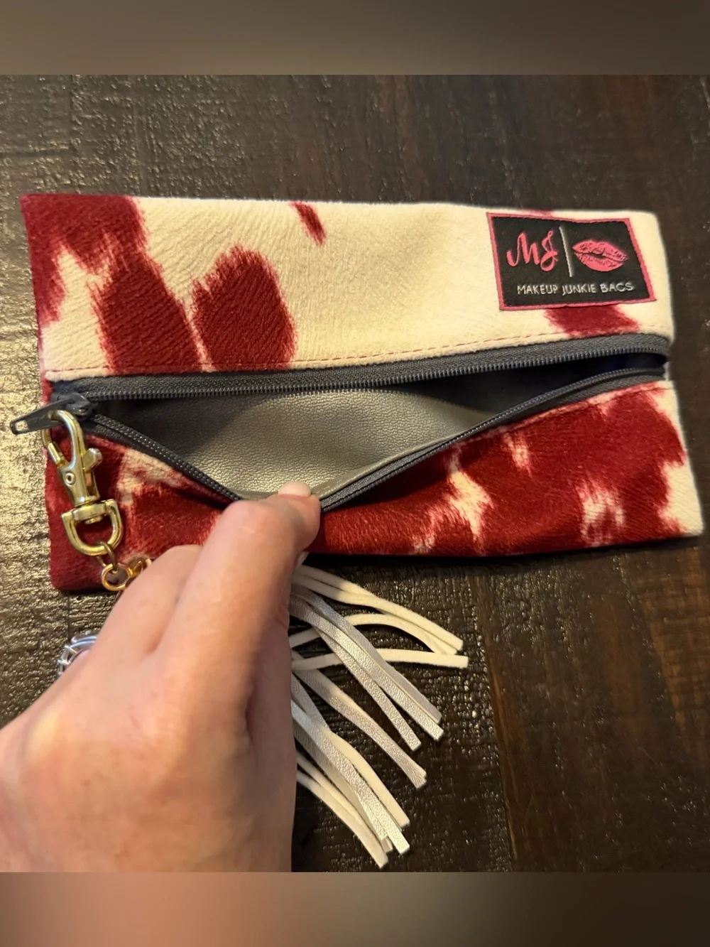 Makeup Junkie- Mini Maroon & White Cowhide Zip Pouch with Tassel